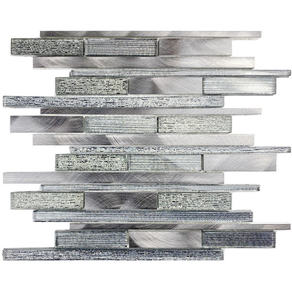 mixed mosaic tile of shimmer silk foil glass tile and aluminum alloy tile, random strip mosaic tile. #wall tile, #bathroom tile, #kitchen tile, #backsplash tile, #accent wall tile. Impressively durable and easy to clean. This series of glass and aluminum mosaic mixed  tiles are made by Xmosaics Foshan factory, a reliable mosaic tile manufacturer, supplier and exporter.
