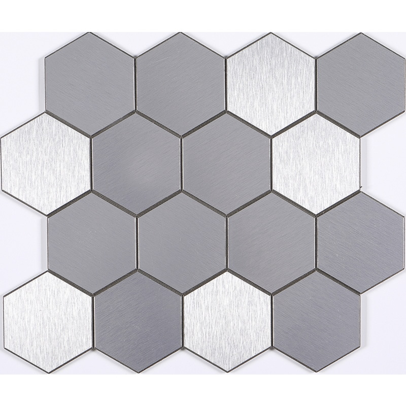 peel and stick 3 inch hexagon aluminum composite tile, silver, brushed, bevel edges. peel and stick mosaic tile is a simple, easy-to-install solution to update surface decors. these quality self-adhesive tiles are easy to handle, cut and maintain. do your project without glue and grout, and save your time, at a lower cost!