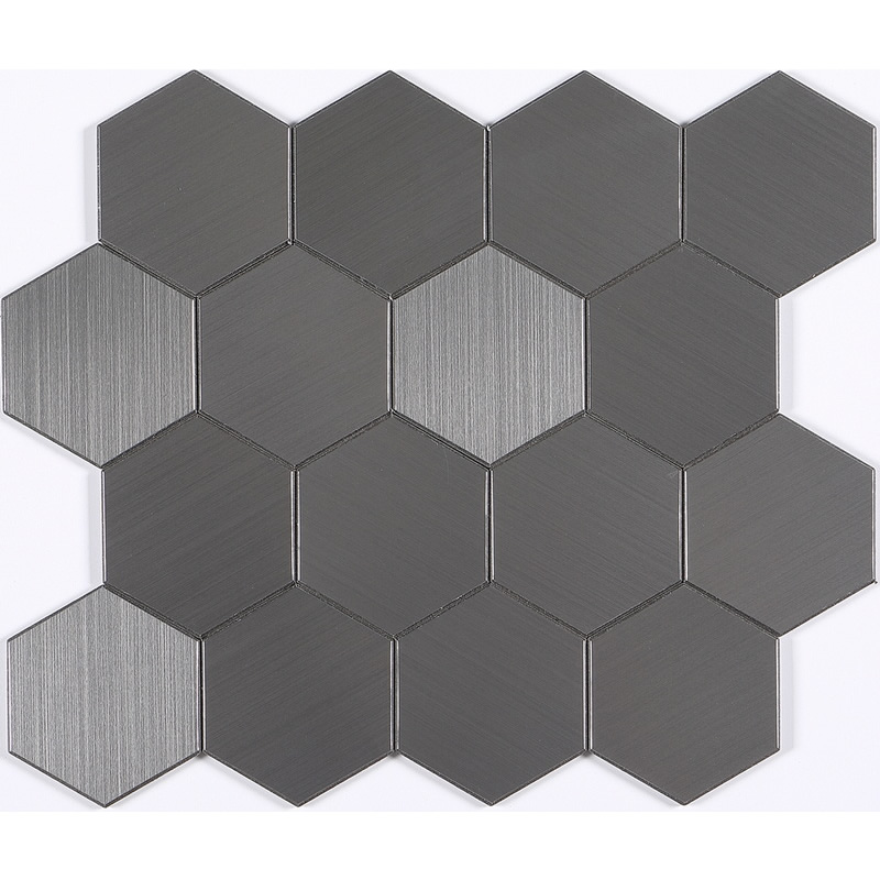 peel and stick 3 inch hexagon aluminum composite tile, iron grey, brushed, bevel edges. peel and stick mosaic tile is a simple, easy-to-install solution to update surface decors. these quality self-adhesive tiles are easy to handle, cut and maintain. do your project without glue and grout, and save your time, at a lower cost!