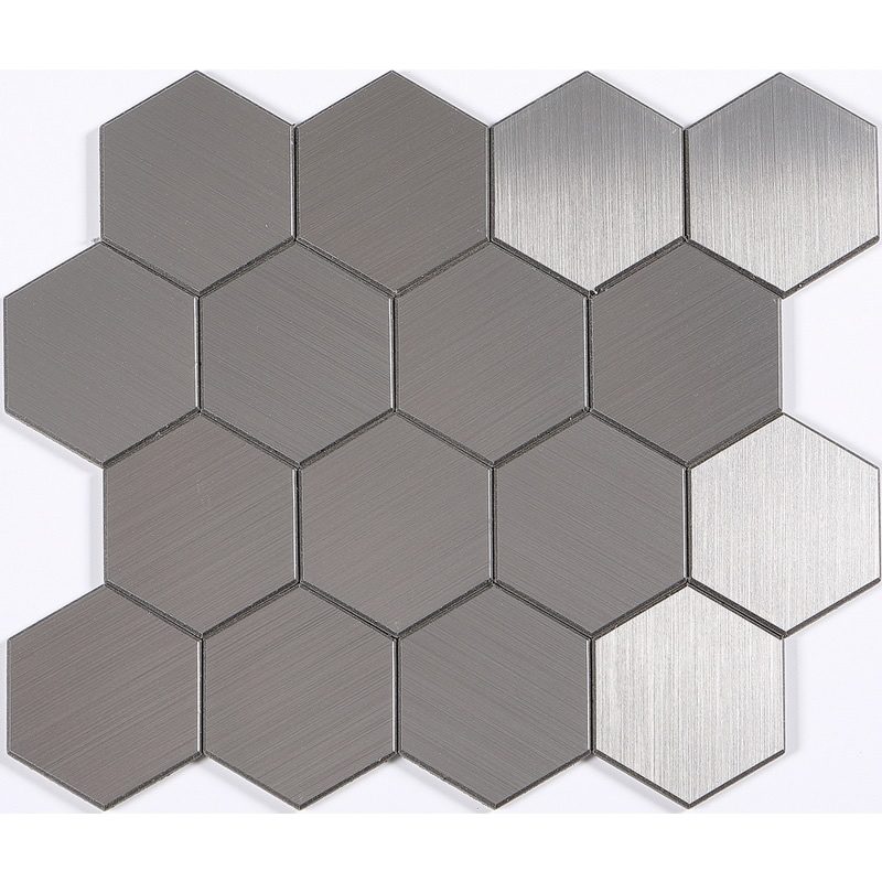 peel and stick 3 inch hexagon aluminum composite tile, stainless steel, brushed, bevel edges. peel and stick mosaic tile is a simple, easy-to-install solution to update surface decors. these quality self-adhesive tiles are easy to handle, cut and maintain. do your project without glue and grout, and save your time, at a lower cost!