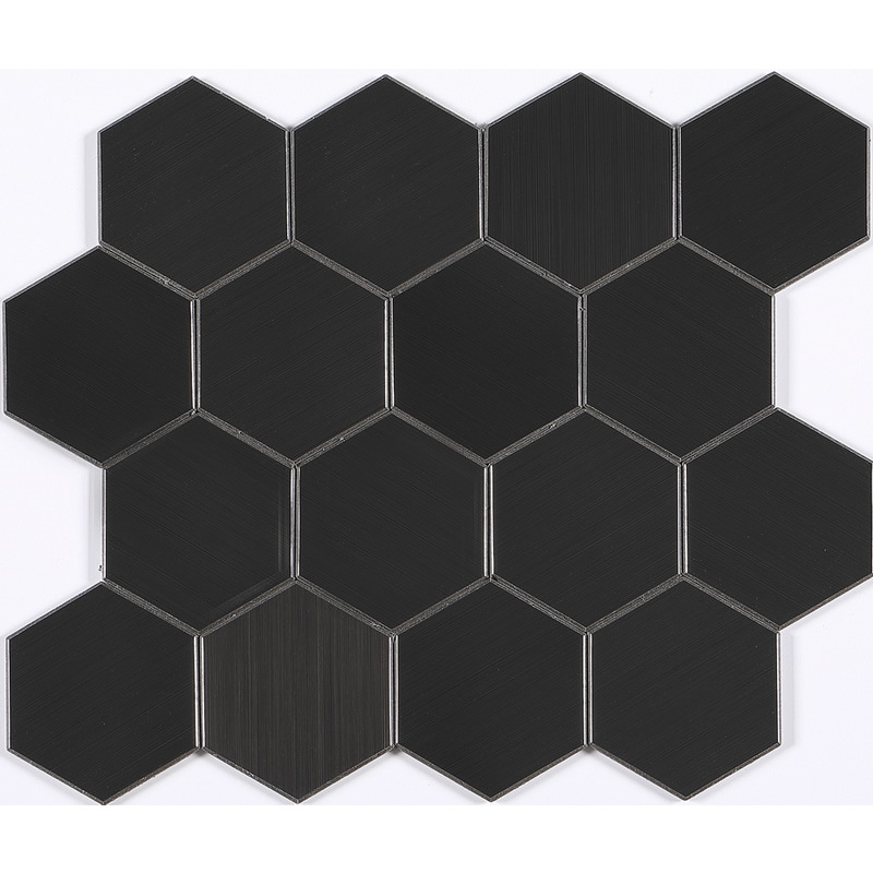 peel and stick 3 inch hexagon aluminum composite tile, carbon black, brushed, bevel edges. peel and stick mosaic tile is a simple, easy-to-install solution to update surface decors. these quality self-adhesive tiles are easy to handle, cut and maintain. do your project without glue and grout, and save your time, at a lower cost!