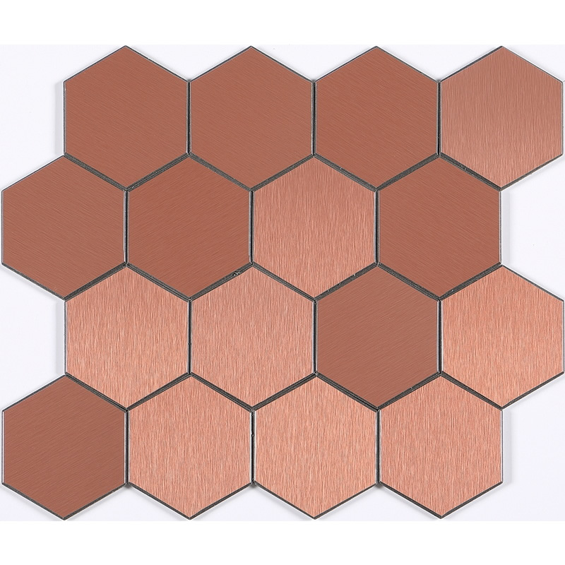 peel and stick 3 inch hexagon aluminum composite tile, red copper, brushed, bevel edges. peel and stick mosaic tile is a simple, easy-to-install solution to update surface decors. these quality self-adhesive tiles are easy to handle, cut and maintain. do your project without glue and grout, and save your time, at a lower cost!