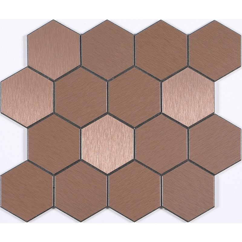 peel and stick 3 inch hexagon aluminum composite tile, rose gold, brushed, bevel edges. peel and stick mosaic tile is a simple, easy-to-install solution to update surface decors. these quality self-adhesive tiles are easy to handle, cut and maintain. do your project without glue and grout, and save your time, at a lower cost!