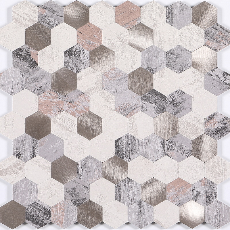 peel and stick hexagon, aluminum composite tile, film covered aluminum tile + brushed aluminum tile. peel and stick mosaic tile is a simple, easy-to-install solution to update surface decors. these quality self-adhesive tiles are easy to handle, cut and maintain. do your project without glue and grout, and save your time, at a lower cost!