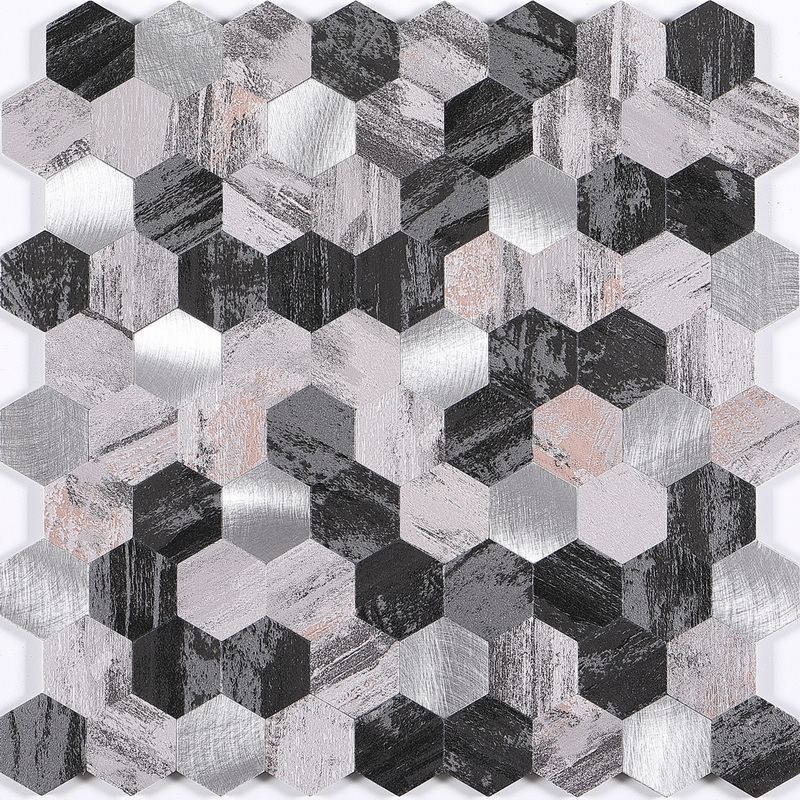 peel and stick hexagon, aluminum composite tile, film covered aluminum tile + brushed aluminum tile. peel and stick mosaic tile is a simple, easy-to-install solution to update surface decors. these quality self-adhesive tiles are easy to handle, cut and maintain. do your project without glue and grout, and save your time, at a lower cost!