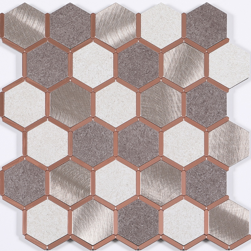 peel and stick aluminum composite tile, film covered aluminum tile + elongated hexagon aluminum tile. peel and stick mosaic tile is a simple, easy-to-install solution to update surface decors. these quality self-adhesive tiles are easy to handle, cut and maintain. do your project without glue and grout, and save your time, at a lower cost!