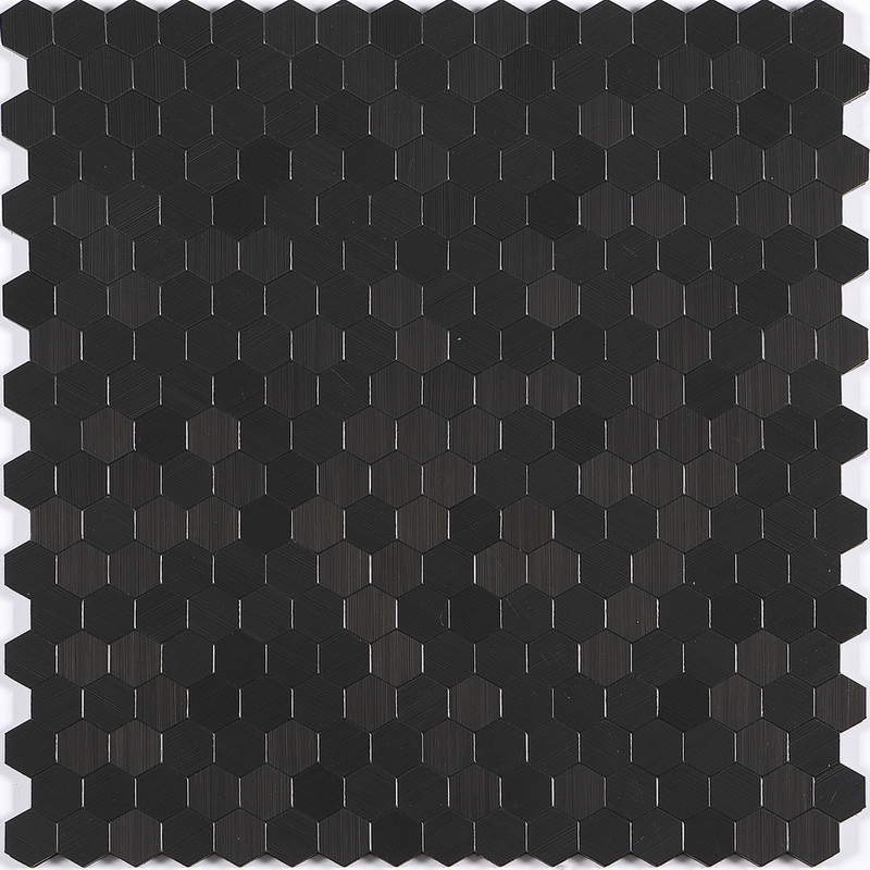 peel and stick aluminum composite tile, small hexagon aluminum tile, carbon black. peel and stick mosaic tile is a simple, easy-to-install solution to update surface decors. these quality self-adhesive tiles are easy to handle, cut and maintain. do your project without glue and grout, and save your time, at a lower cost!
