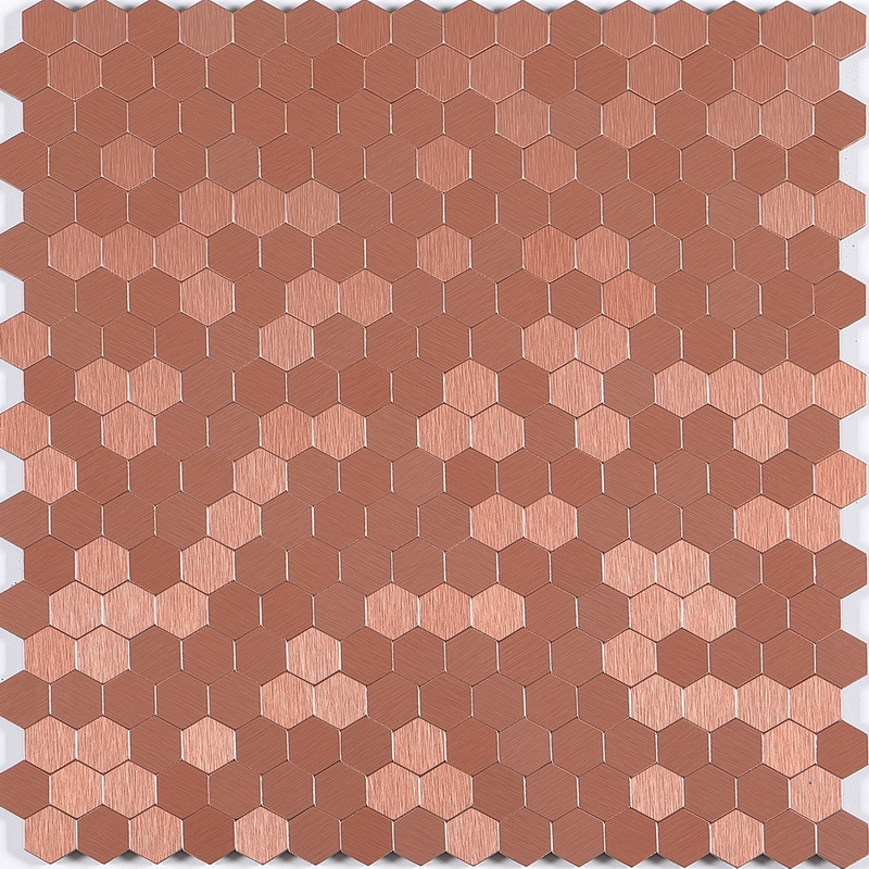 peel and stick aluminum composite tile, small hexagon aluminum tile, red copper. peel and stick mosaic tile is a simple, easy-to-install solution to update surface decors. these quality self-adhesive tiles are easy to handle, cut and maintain. do your project without glue and grout, and save your time, at a lower cost!