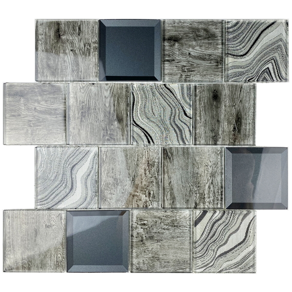 crystal glass mosaic tile, combination of woodlike foil glass tile, fabric foil glass tile and metallic powder coated bevel glass tile. #wall tile, #bathroom tile, #kitchen tile, #backsplash tile, #accent wall tile. Impressively durable and no on-going maintenance required. This series of glass tiles are made by Xmosaics Foshan factory, your reliable mosaic tile manufacturer, supplier and exporter.