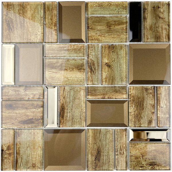 crystal glass mosaic tile, combination of woodlike foil glass tile, bevel mirror glass tile and metallic powder coated bevel glass tile. #wall tile, #bathroom tile, #kitchen tile, #backsplash tile, #accent wall tile. Impressively durable and no on-going maintenance required. This series of glass tiles are made by Xmosaics Foshan factory, your reliable mosaic tile manufacturer, supplier and exporter.