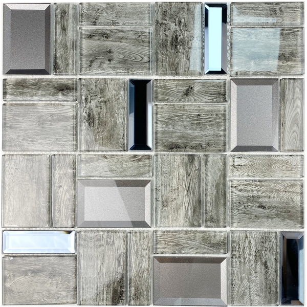 crystal glass mosaic tile, combination of woodlike foil glass tile, bevel mirror glass tile and metallic powder coated bevel glass tile. #wall tile, #bathroom tile, #kitchen tile, #backsplash tile, #accent wall tile. Impressively durable and no on-going maintenance required. This series of glass tiles are made by Xmosaics Foshan factory, your reliable mosaic tile manufacturer, supplier and exporter.