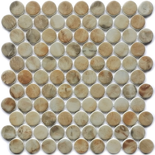 Penny shaped tile is a timeless design for residential or commercial surface including: kitchen backsplash, bathroom wall and floor, Shower Floor or Wall, Pool & Spa. Our recycled glass tiles are customizable, including hundreds of different high temperature inkjet printings, a wide range of colors, glossy / glazed / frosted / antislip (grained) surfaces, sizes and patterens. Please contact us to find out more. This series of mosaic tiles are made by Xmosaics Foshan factory, your reliable supplier of mosaic tiles.