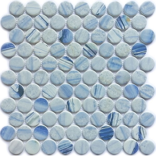Penny shaped tile is a timeless design for residential or commercial surface including: kitchen backsplash, bathroom wall and floor, Shower Floor or Wall, Pool & Spa. Our recycled glass tiles are customizable, including hundreds of different high temperature inkjet printings, a wide range of colors, glossy / glazed / frosted / antislip (grained) surfaces, sizes and patterens. Please contact us to find out more. This series of mosaic tiles are made by Xmosaics Foshan factory, your reliable supplier of mosaic tiles.