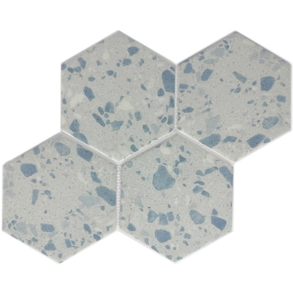 our 6 inch large size hexagon recycled glass mosaic tile can be used for all your improvement needs from interior to exterior. Our recycled glass tiles are customizable, including hundreds of different high temperature inkjet printings, a wide range of colors, glossy / glazed / frosted / antislip (grained) surfaces, sizes and patterens. Please contact us to find out more. This series of mosaic tiles are made by Xmosaics Foshan factory, your reliable supplier of mosaic tiles.