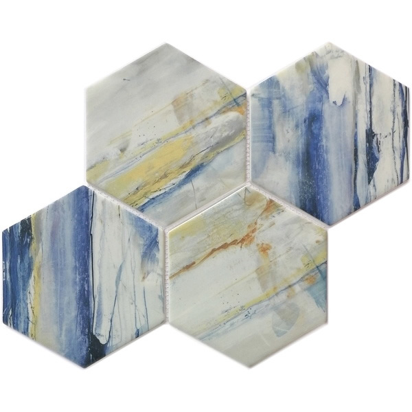 our 6 inch large size hexagon recycled glass mosaic tile can be used for all your improvement needs from interior to exterior. Our recycled glass tiles are customizable, including hundreds of different high temperature inkjet printings, a wide range of colors, glossy / glazed / frosted / antislip (grained) surfaces, sizes and patterens. Please contact us to find out more. This series of mosaic tiles are made by Xmosaics Foshan factory, your reliable supplier of mosaic tiles.