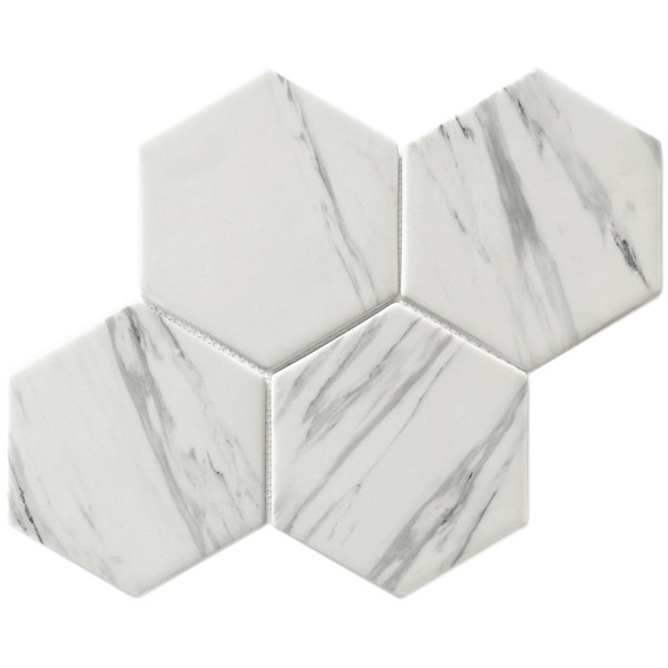 our 6 inch large size hexagon recycled glass mosaic tile can be used for all your improvement needs from interior to exterior. Our recycled glass tiles are customizable, including hundreds of different high temperature inkjet printings, a wide range of colors, glossy / glazed / frosted / antislip (grained) surfaces, sizes and patterens. Please contact us to find out more. This series of mosaic tiles are made by Xmosaics Foshan factory, your reliable supplier of mosaic tiles.