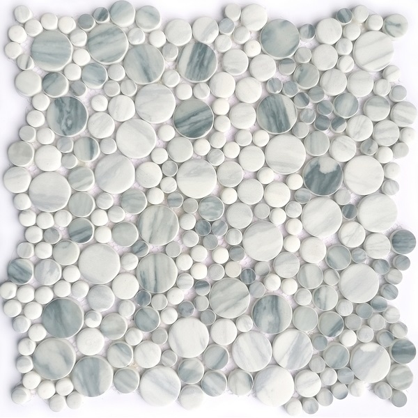 for commercial or residential use, interior or exterior, wall or floor, penny round series can be used for all your improvement needs. Our recycled glass tiles are customizable, including hundreds of different high temperature inkjet printings, a wide range of colors, glossy / glazed / frosted / antislip (grained) surfaces, sizes and patterens. Please contact us to find out more. This series of mosaic tiles are made by Xmosaics Foshan factory, your reliable supplier of mosaic tiles.
