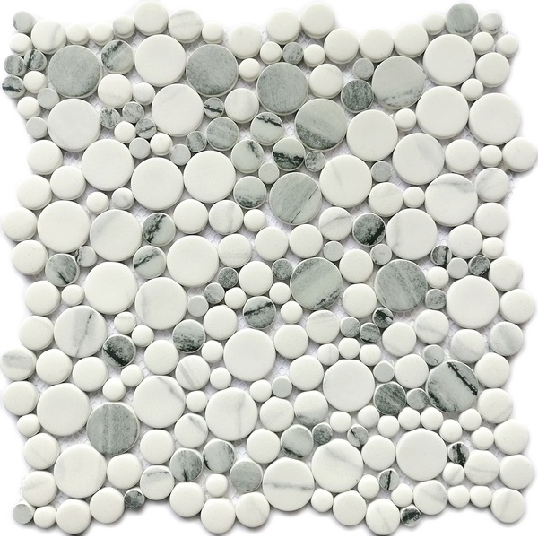 for commercial or residential use, interior or exterior, wall or floor, penny round series can be used for all your improvement needs. Our recycled glass tiles are customizable, including hundreds of different high temperature inkjet printings, a wide range of colors, glossy / glazed / frosted / antislip (grained) surfaces, sizes and patterens. Please contact us to find out more. This series of mosaic tiles are made by Xmosaics Foshan factory, your reliable supplier of mosaic tiles.