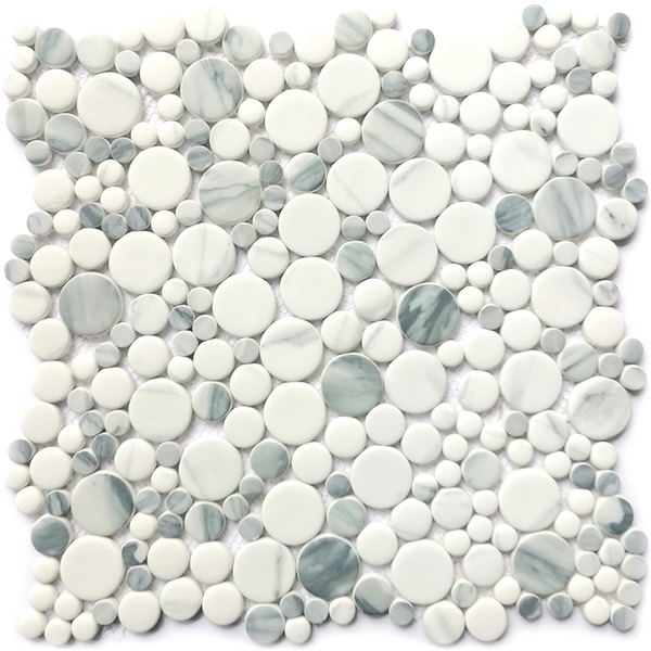 for commercial or residential use, interior or exterior, wall or floor, penny round series can be used for all your improvement needs. Our recycled glass tiles are customizable, including hundreds of different high temperature inkjet printings, a wide range of colors, glossy / glazed / frosted / antislip (grained) surfaces, sizes and patterens. Please contact us to find out more. This series of mosaic tiles are made by Xmosaics Foshan factory, your reliable supplier of mosaic tiles.